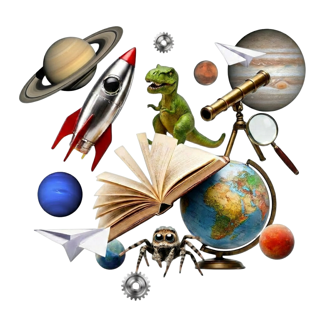 Rocket, dinosaur, book, spider, telescope, globe and planets floating together